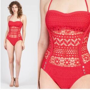 Robin Piccone Penelope Crochet Overlay Pink-ish Red One-Piece Swimsuit